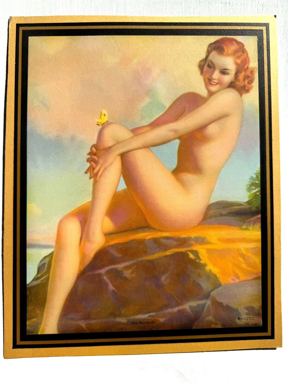 Vintage 1940-50's Pinup Girl Picture- Redhead on Rock w/ Butterfly on her Knee