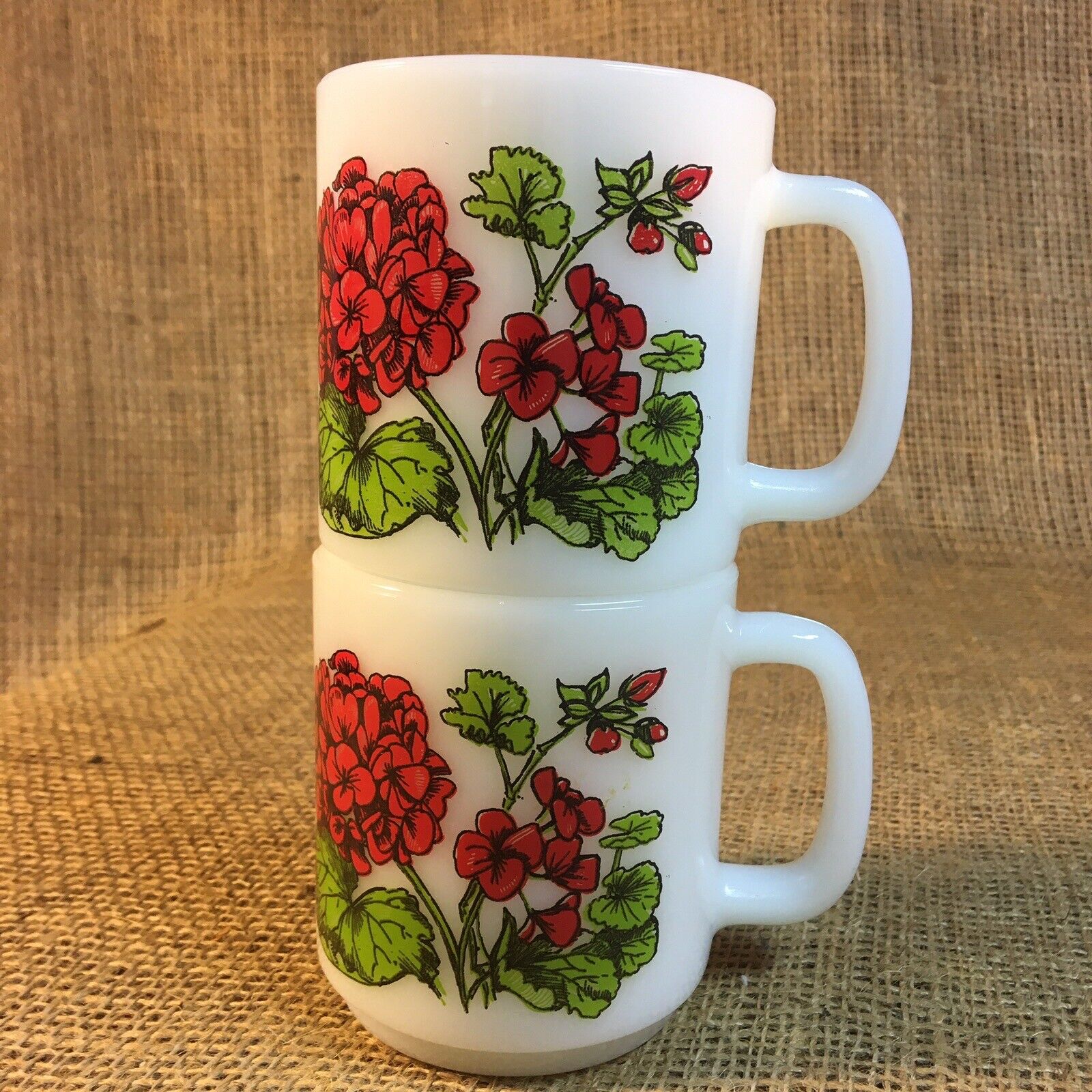 2 ~ Vintage Glasbake Red Geranium - Flower Poem, White Milkglass Coffee/Tea Mug