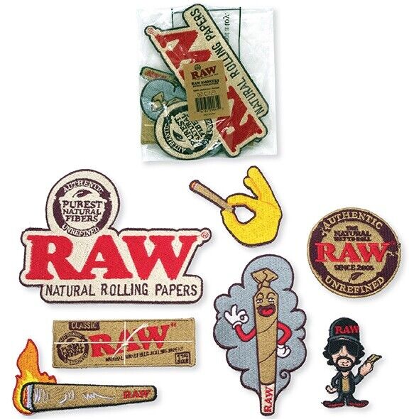 NEW RAW ROLLING PAPERS SMOKING SEW ON PATCH COLLECTION  MIXED BAG OF 7 DESIGNS