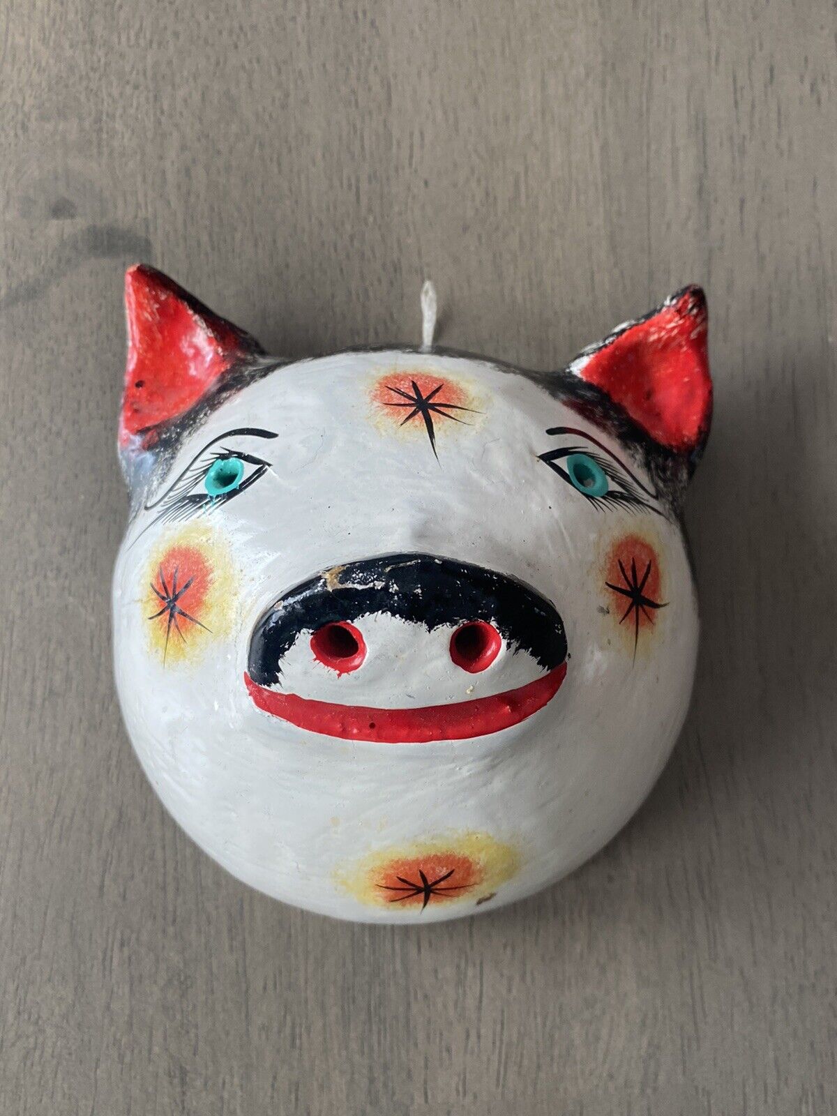 Vintage Mexican 5” Hand Painted Coconut Mask - Pig - White, Yellow, Red, Black