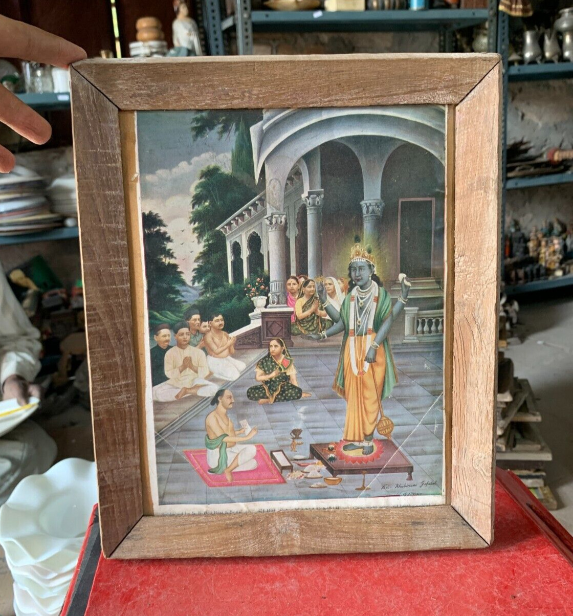 Vintage Artist Signed Original Painting Lithograph Print Of Satyanarayana Framed