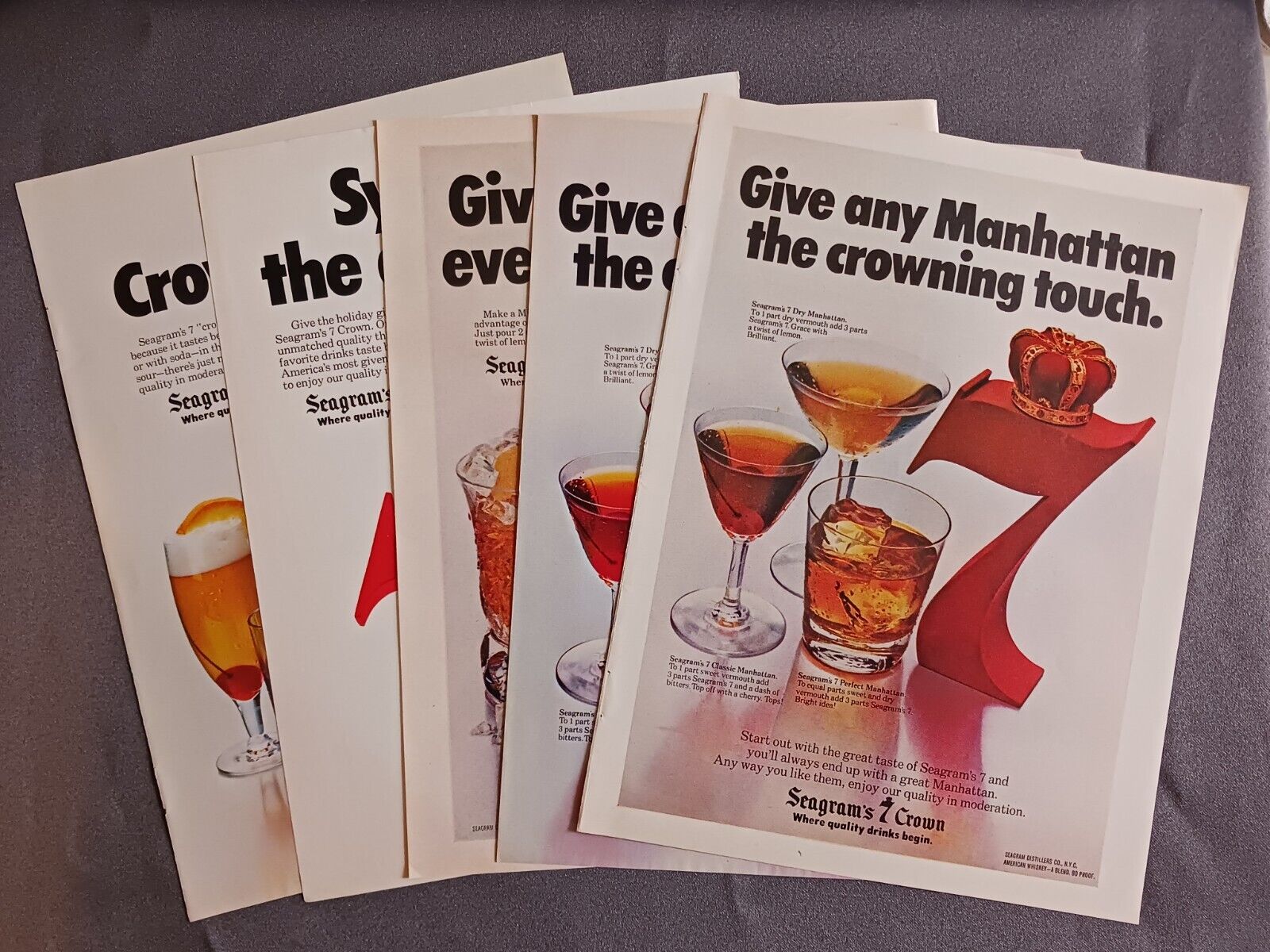 5 Seagram\'s 7 Crown Whiskey 1978/1979 Print Ads incl. Passport Scotch Vantage +