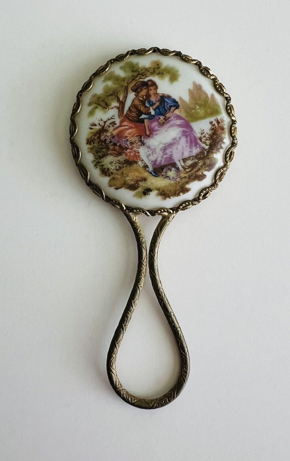 Vintage Petite Hand Mirror Porcelain, Gold Plated