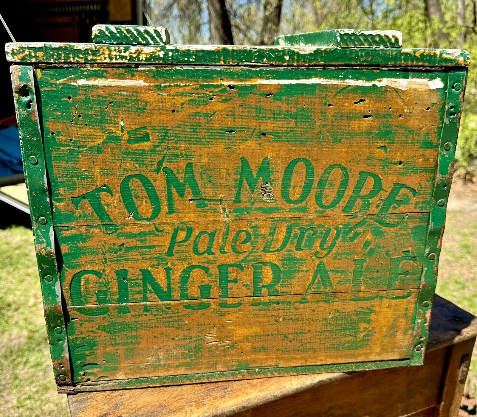 Rare Vintage TOM MOORE GINGER ALE Wood Crate Antique