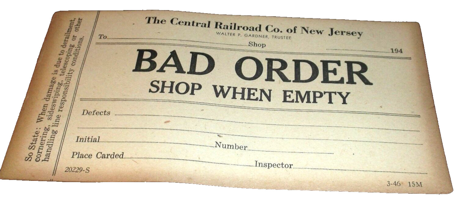 1940's CNJ CENTRAL RAILROAD OF NEW JERSEY BAD ORDER SHOP WHEN EMPTY CAR TAG