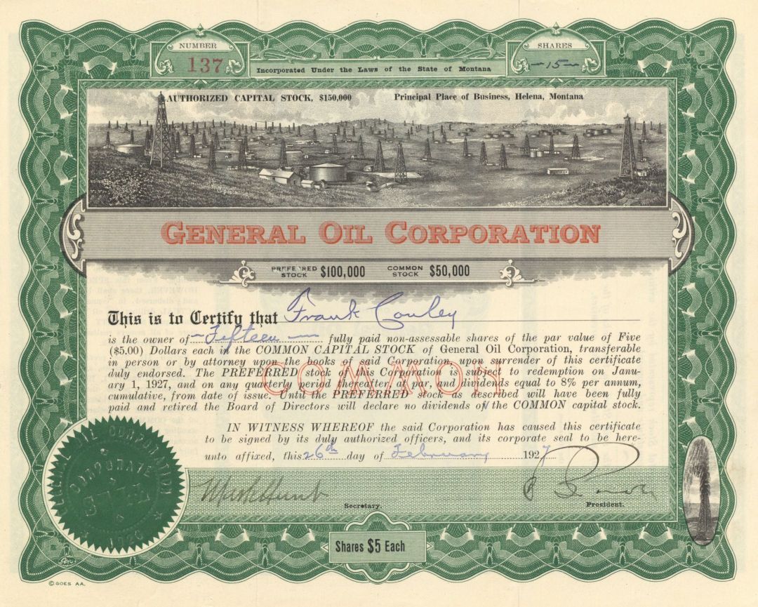 General Oil Corporation - 1927 dated Stock Certificate - Only 1 Left - Helena, M