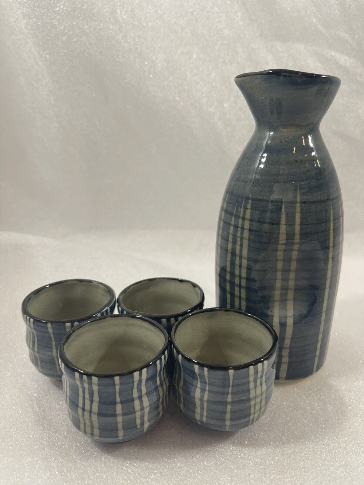 Vintage Painted Ceramic Sake Set 4 Cups w Blue Rustic Freeform Bamboo Aesthetic