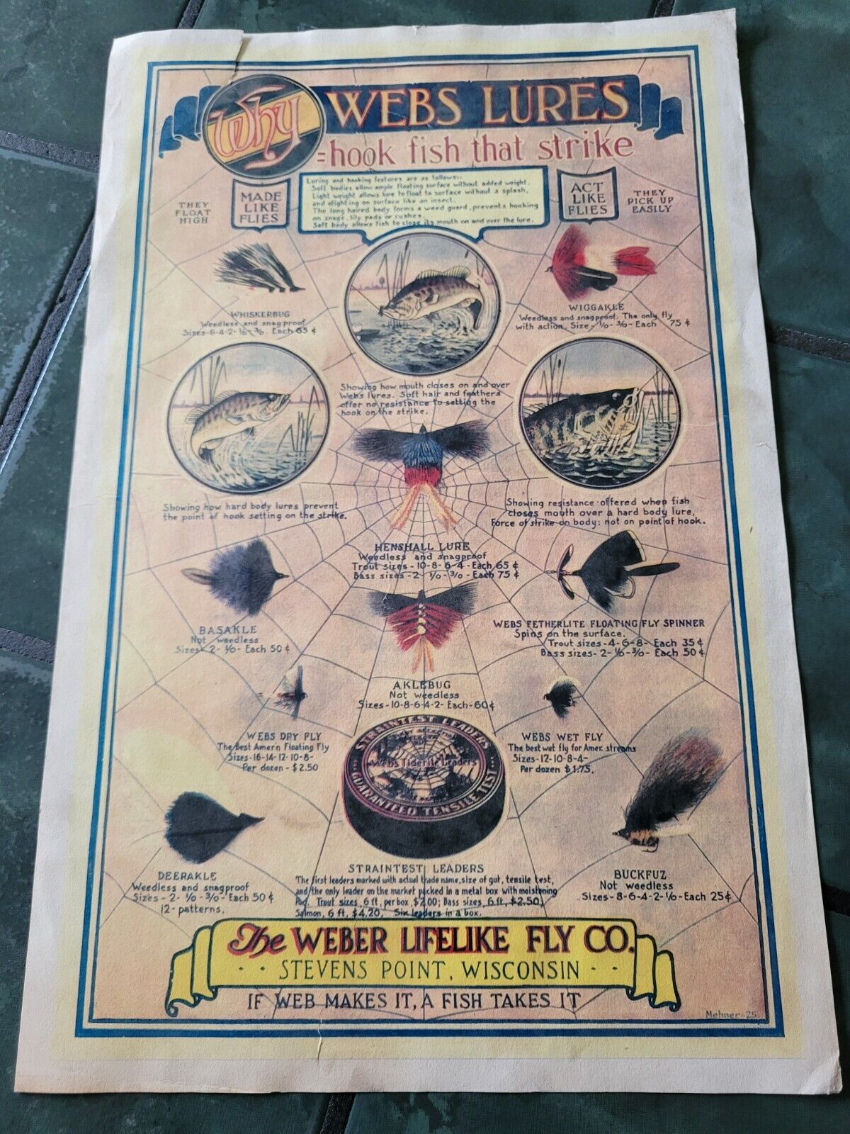Vintage WEBER FLY Co. Web lure fishing hardware store  poster sign