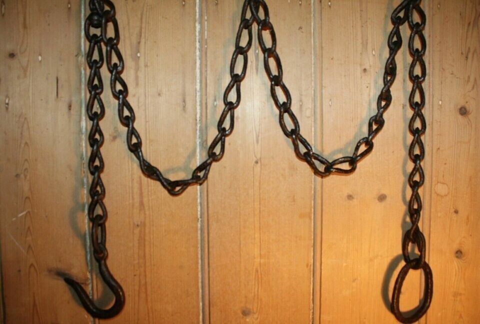 Antique Wrought Iron Hook on Length of Chain Beam Iron Ring 82 inches