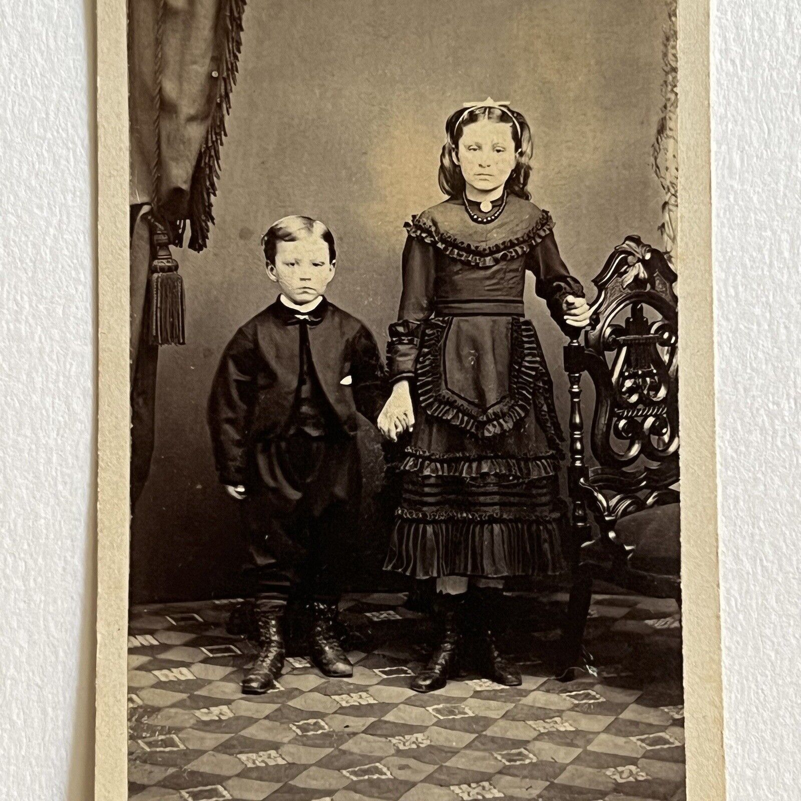 Antique CDV Photograph Adorable Children Brother Sister Holding Hands Buffalo NY