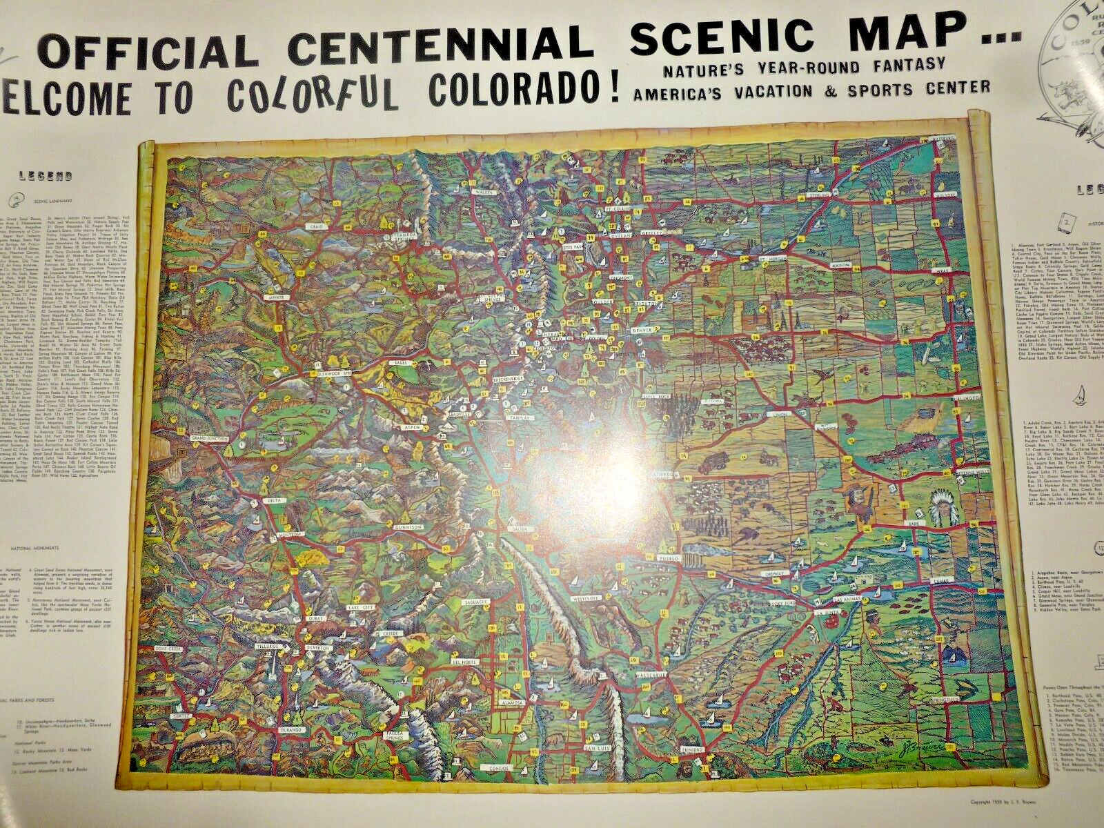 Rush To The Rockies Centennial Map Colorful Colorado 1959 by Brewer Rare 23x35