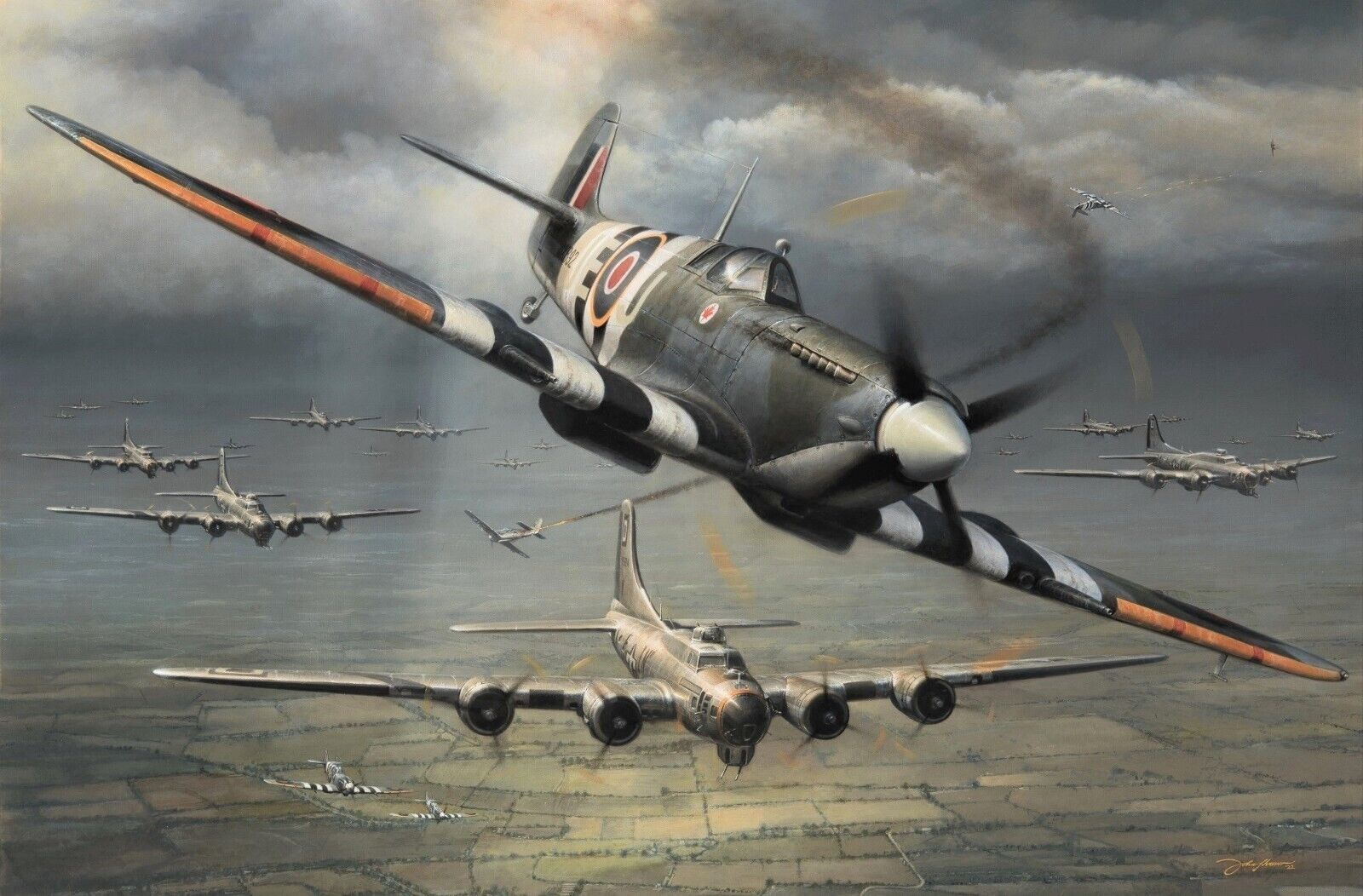 Allies in Arms by John Shaw aviation art signed by Johnnie Johnson & B17 Pilots