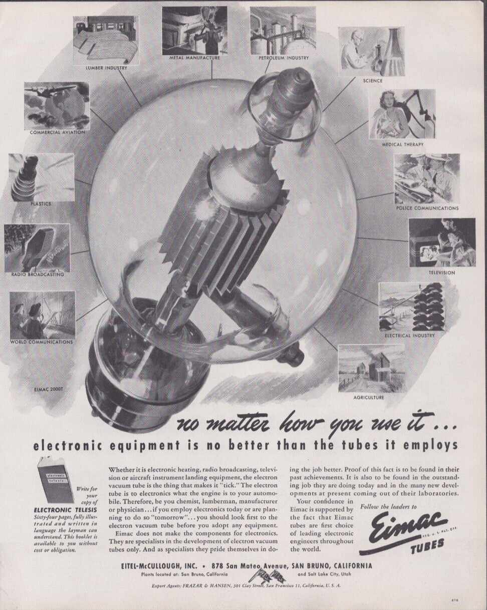 1944 Print Ad Eitel-McCullough Eimac Tubes Electronic Equipment Eimac 2000T