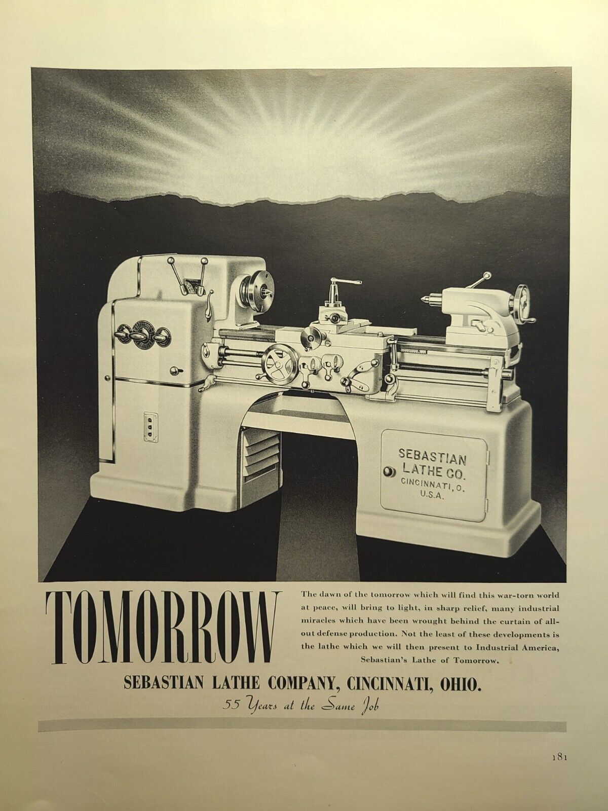 Sebastian Lathe Co. Cincinnati OH Tomorrow Peace Miracles Vintage Print Ad 1941