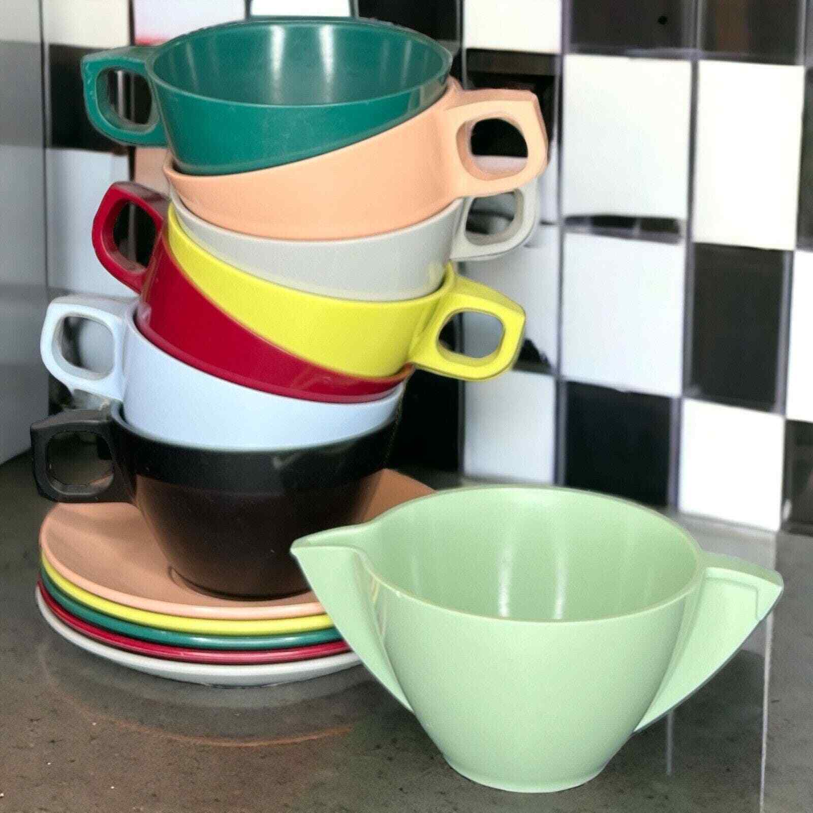 Mid Century Mallo Ware Coffee Service Mixed Set Vintage Cups Saucers Sugar Bowl
