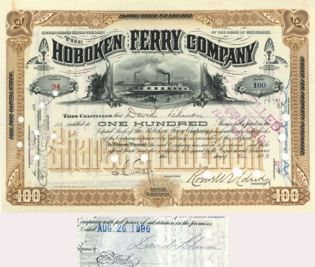 Hoboken Ferry Co. signed by David Lehman - Autographed Stock Certificate - Autog