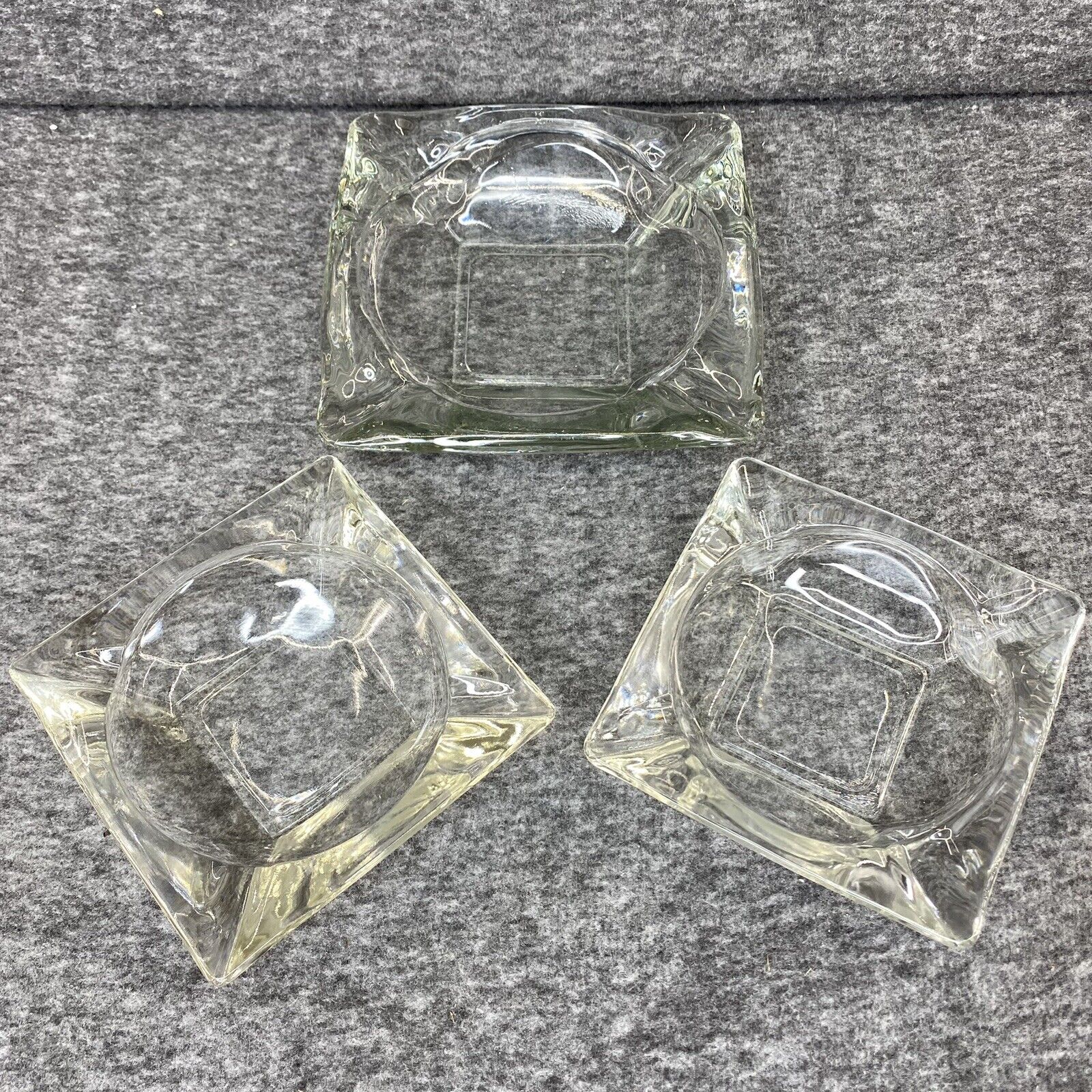 Vintage Clear Glass Ashtray Lot of 3 Two Small And One Large Nice And Clean