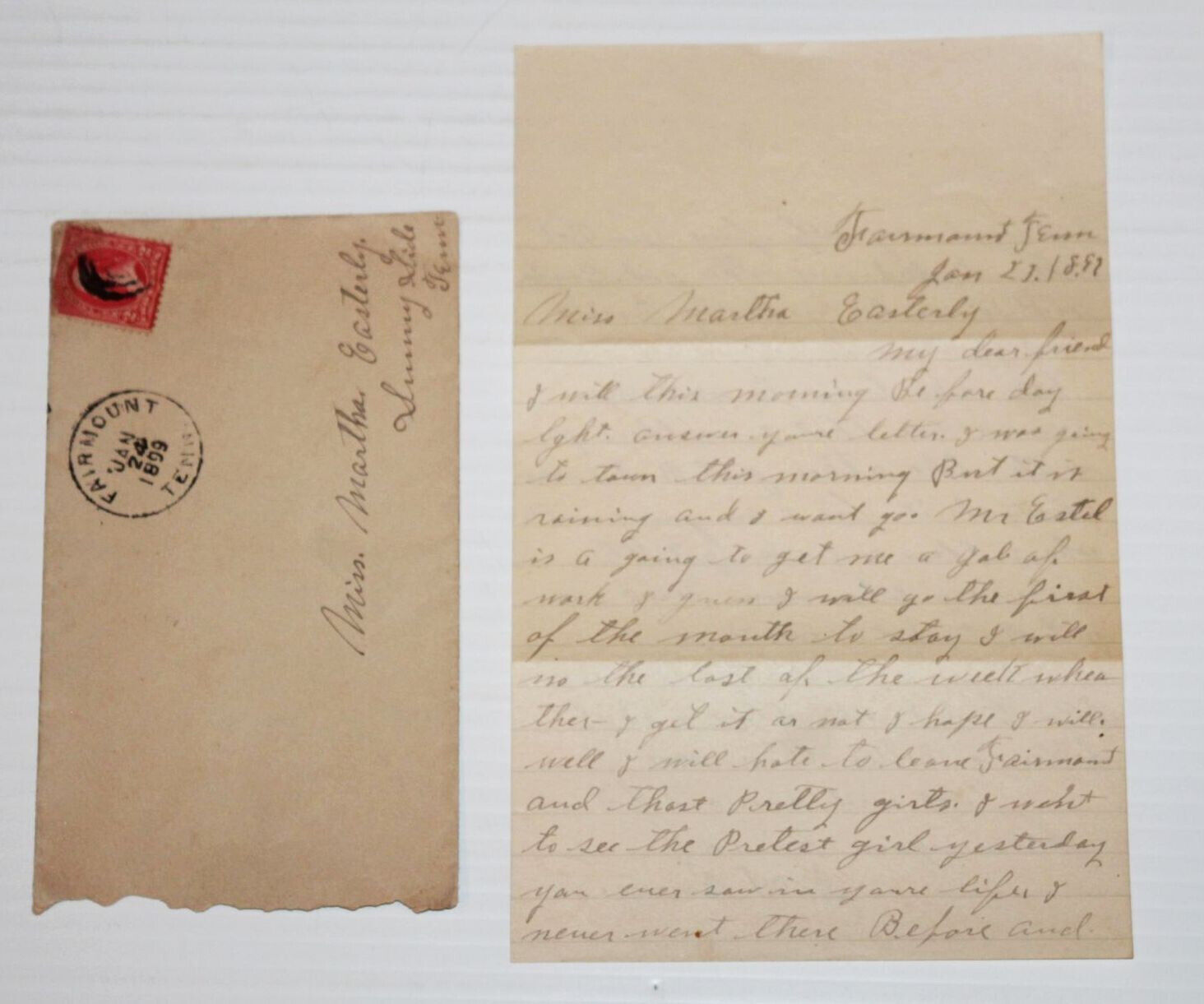 Vintage 1899 1800s Hand Written Letter + Envelope Stamp Fairmount, TN Sunnyside