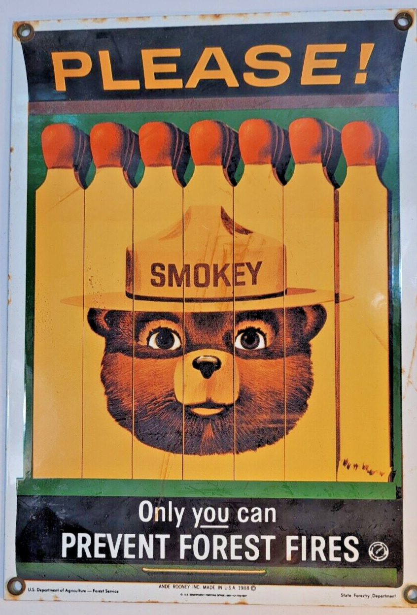Smokey the Bear Ande Rooney Porcelain Sign 1988 Please Prevent Forest Fires USA