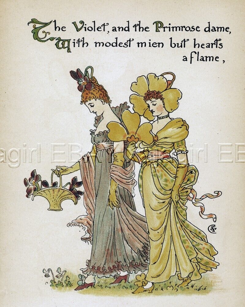 FAIRY Violet & Primrose Flower, 1890 Antique Art Nouveau Print