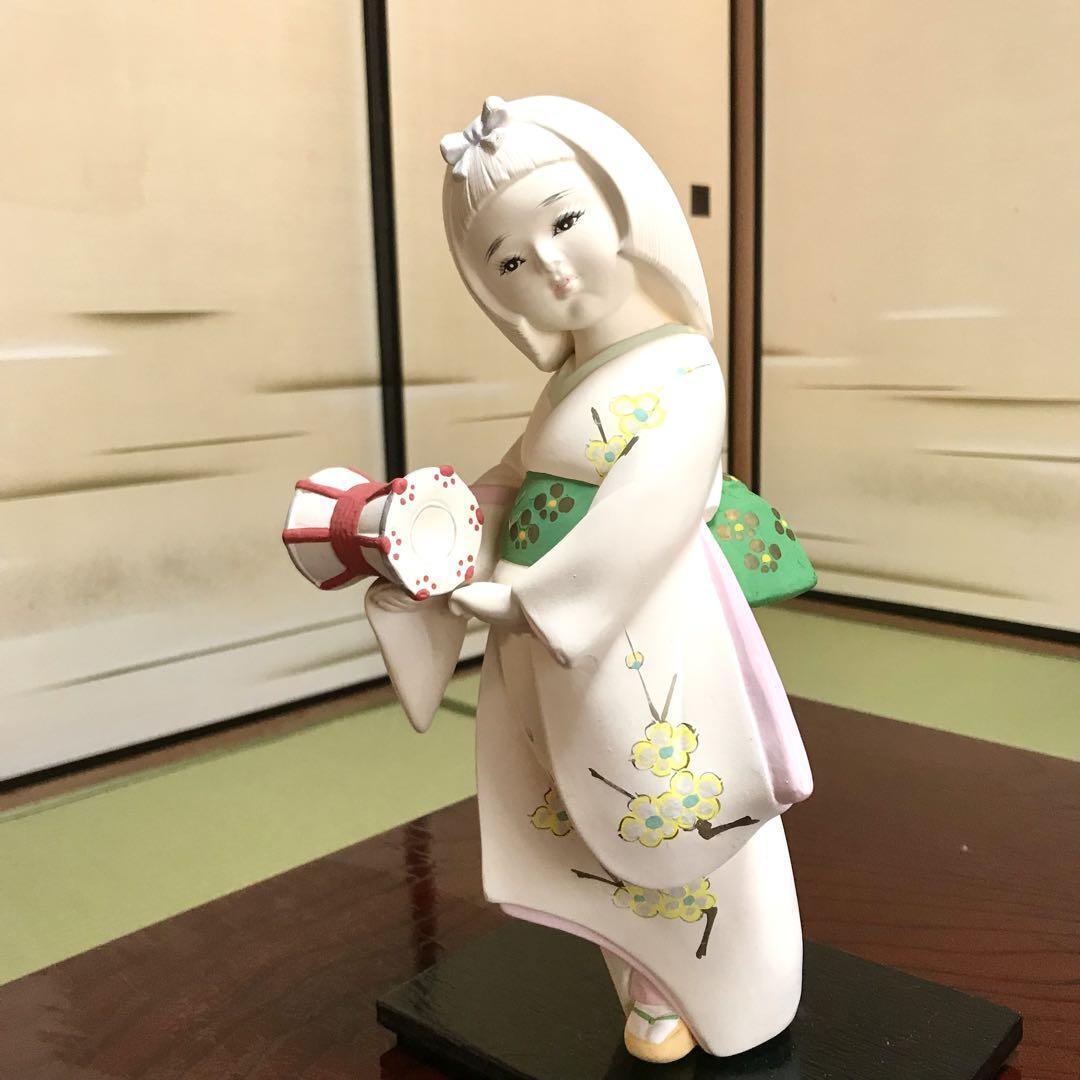 Doll Hakata Taiko Girl With Pedestal Pottery Traditional Craft Showa Retro