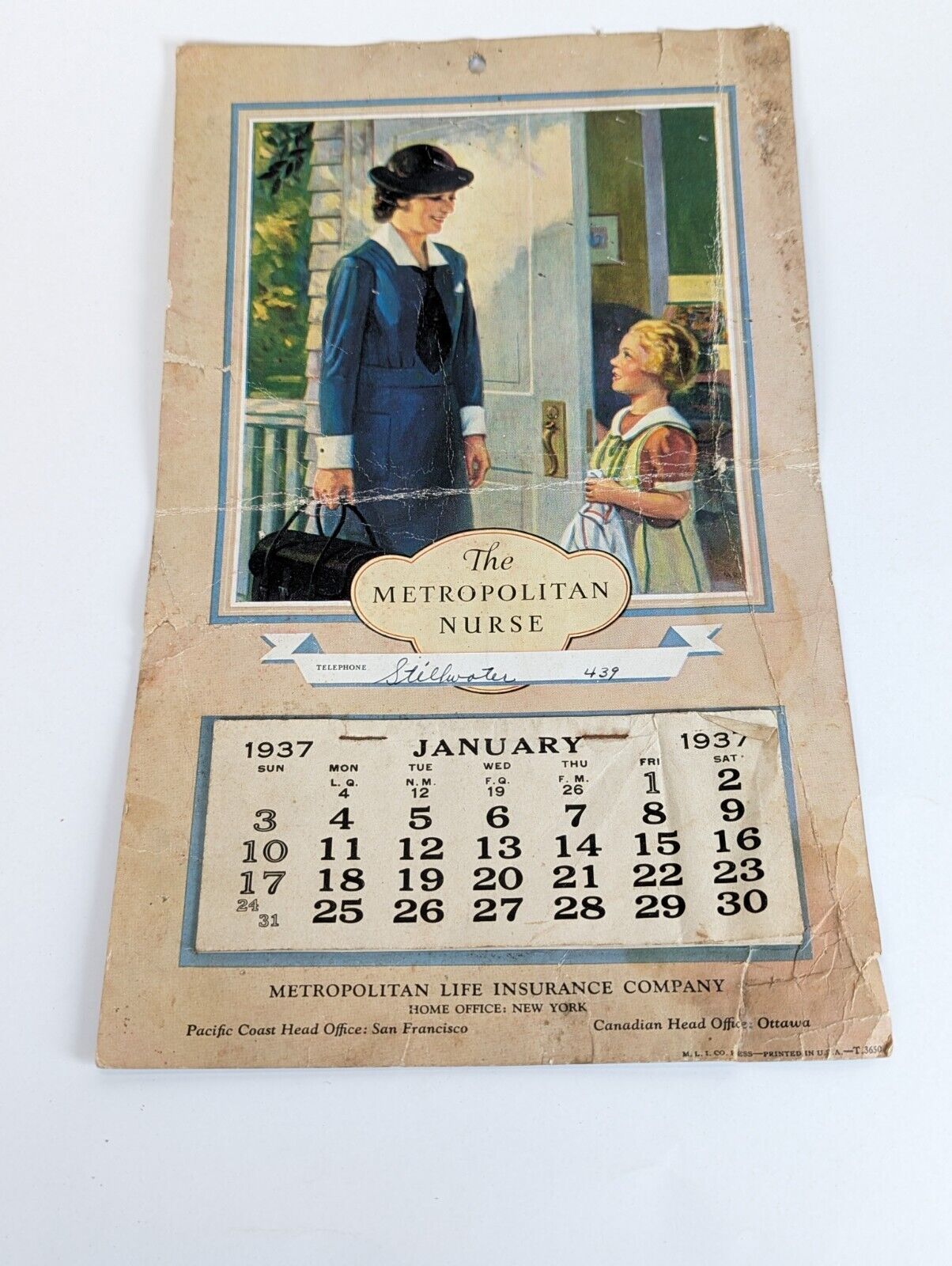 Met Life Insurance Vintage NURSE 1937 Calendar house call visiting NURSE History