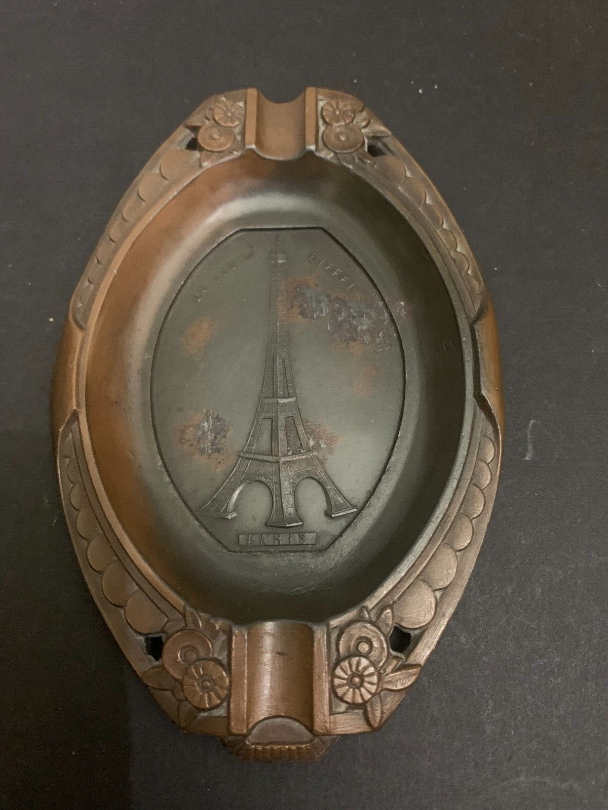 Antique Art Deco Cast Metal Eiffel Tower Paris France Souvenir Trinket Tray