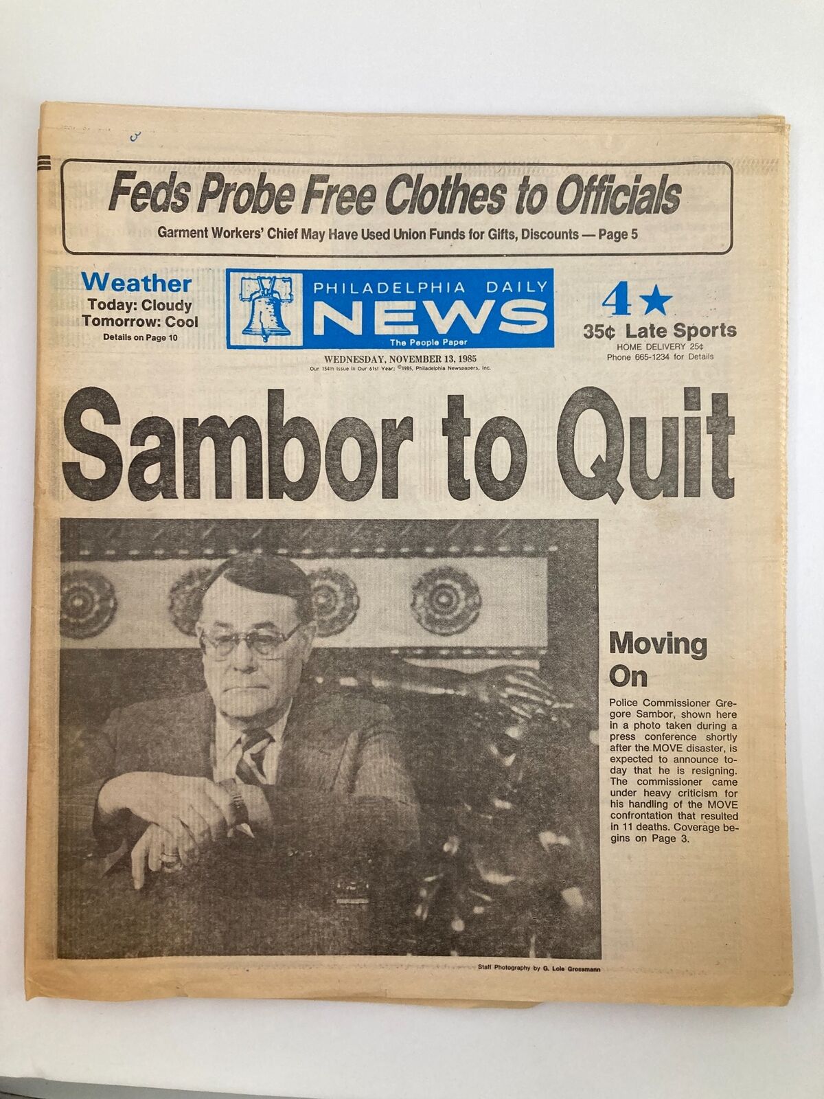 Philadelphia Daily News Tabloid November 13 1985 Police Comm\'r Gregore Sambor