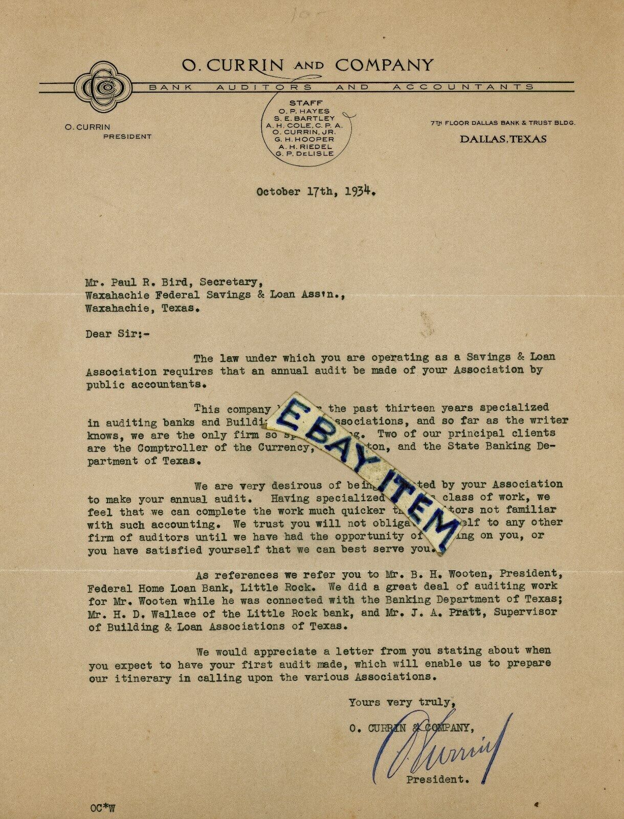1934 TX. Dallas Texas O. CURRIN & COMPANY letterhead BANK AUDITOR & ACCOUNTANTS