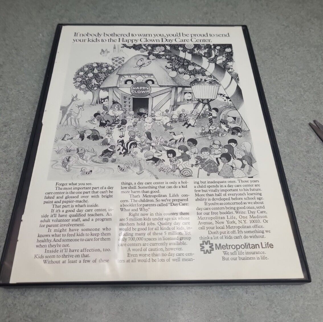 1972 Metropolitan Life Insurance Print Ad Happy Clown Day Care Framed 8.5x11 