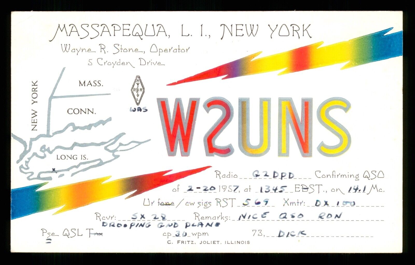 1 x QSL Card Radio USA W2UNS Massapequa Long Island New York 1957 ≠ U898