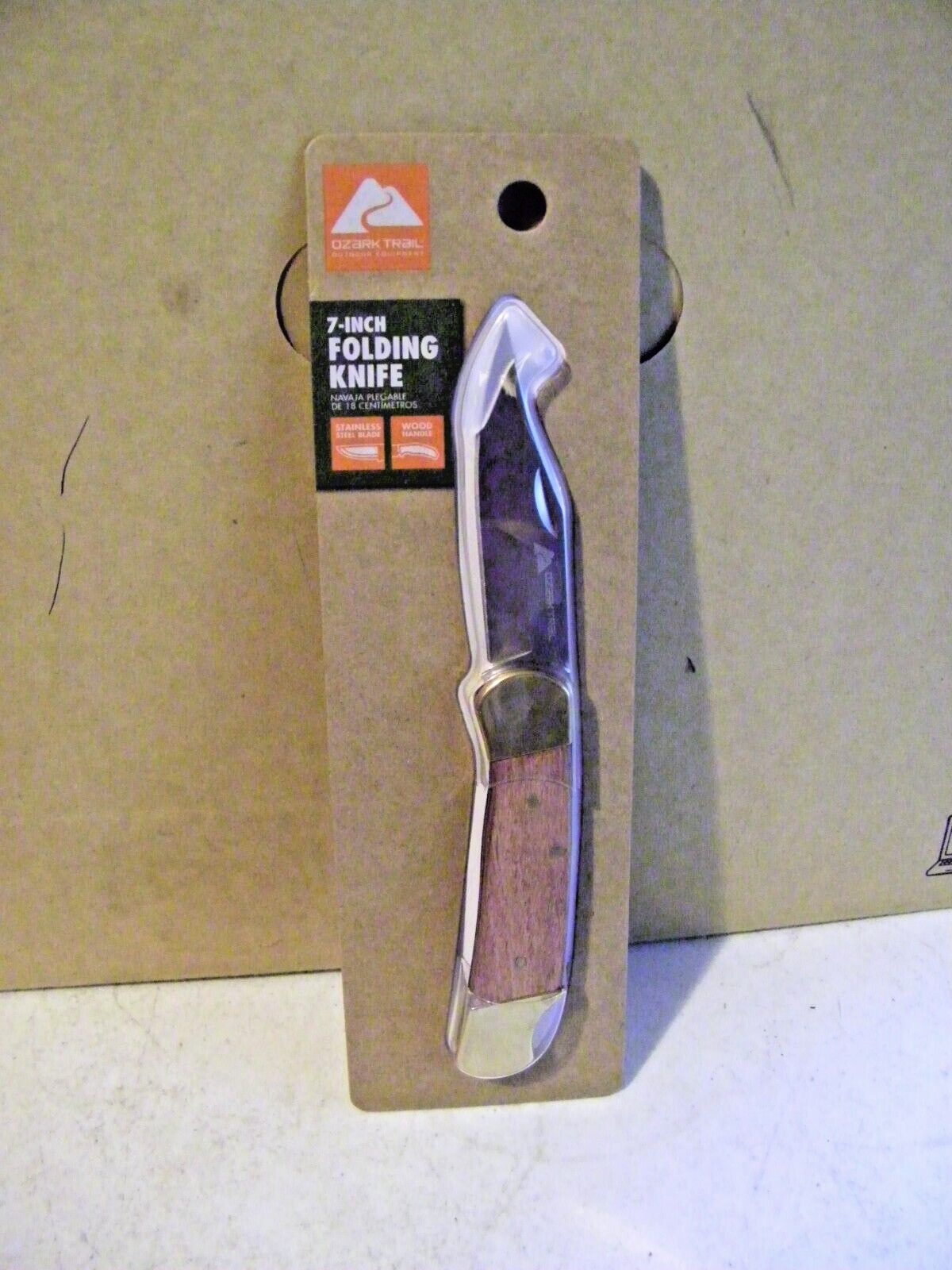 New Ozark Trail 7 Inch Folding Stainless Steel Knife Wood Handle Pocket Clip