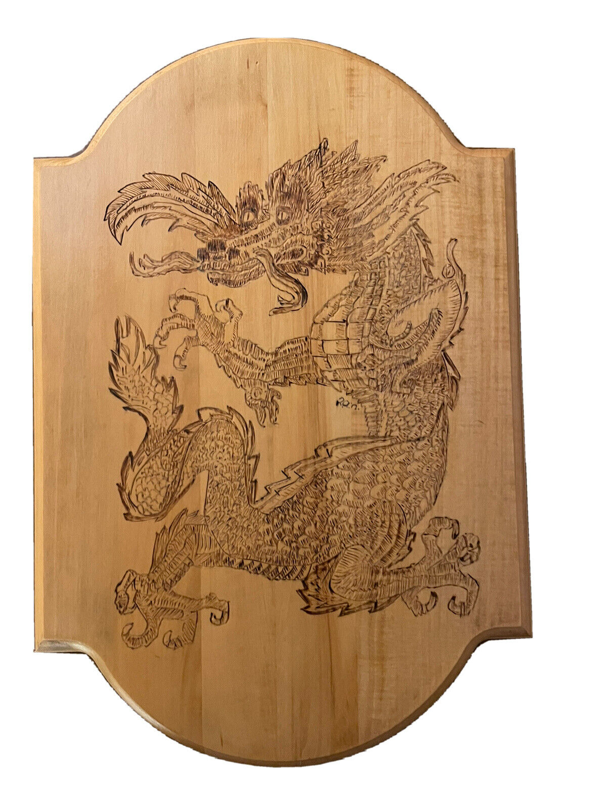 Wooden Dragon Plaque , signed, approx 14 inches by 9.5 inches
