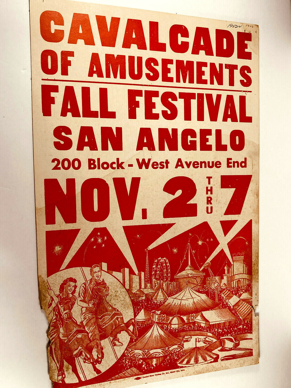 vtg 1960s 70s San Angelo Texas TX Carnival Circus poster Cavalcade of Amusements