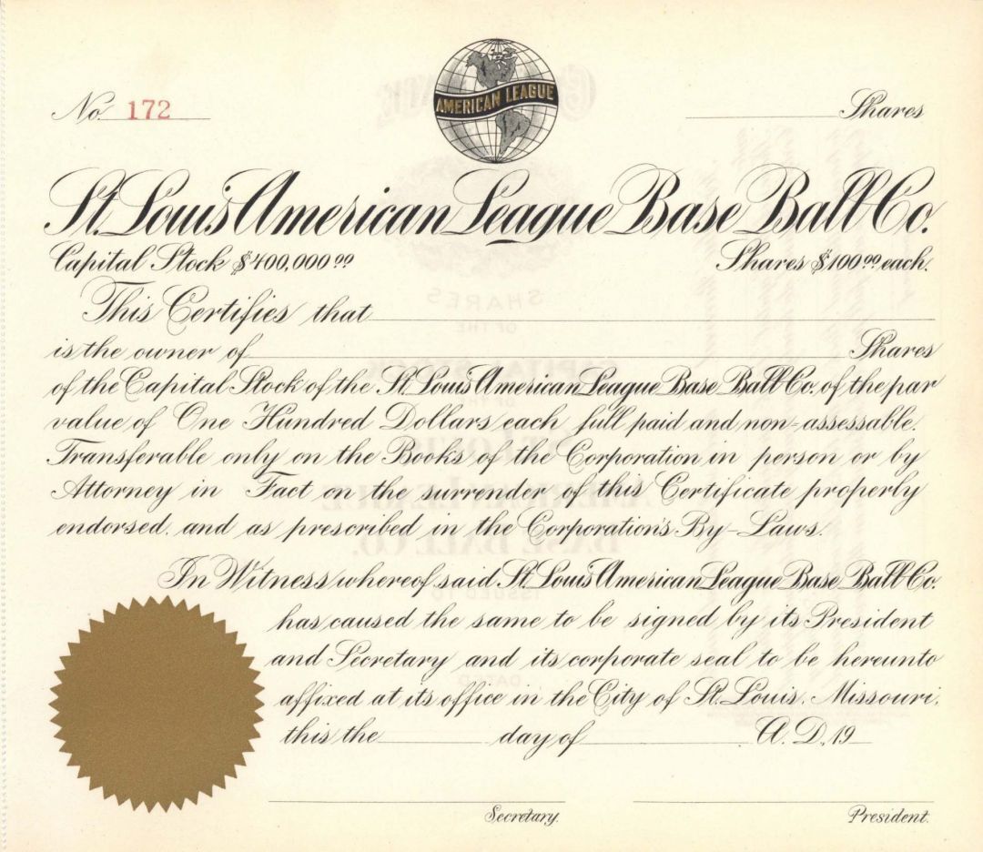 St. Louis American League Base Ball Co. - 1900\'s Unissued Baseball Stock Certifi