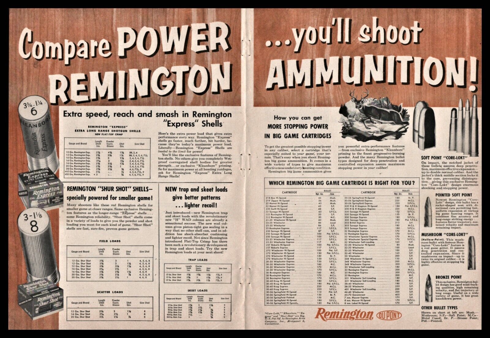 1954 REMINGTON AMMUNITION Full-line Shotgun Shells & Bullets Centerfold AD