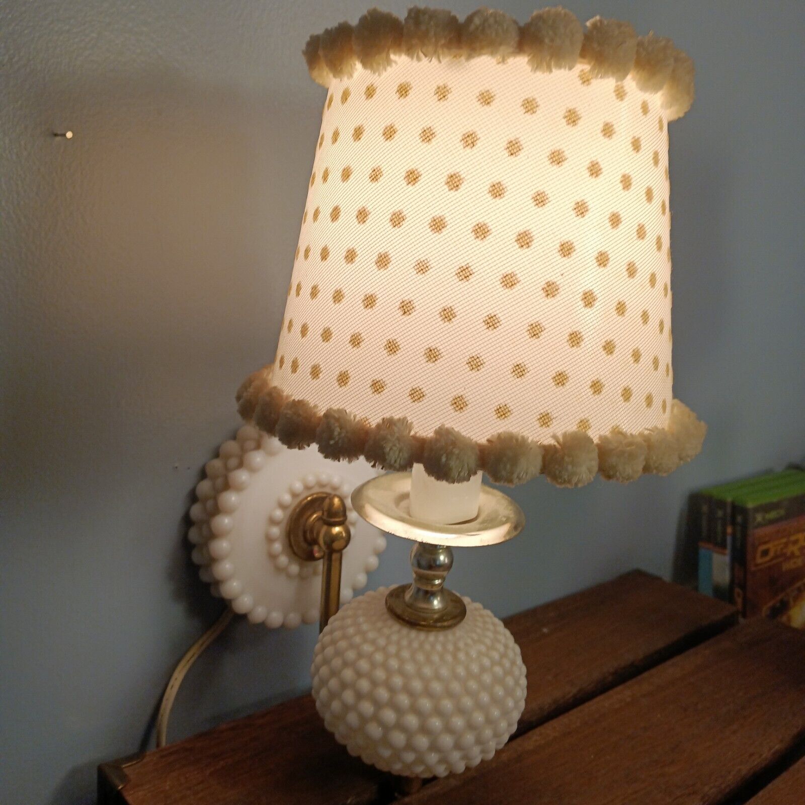 Vintage White Glass Hobnail Wall Mount Lamp, With Shade