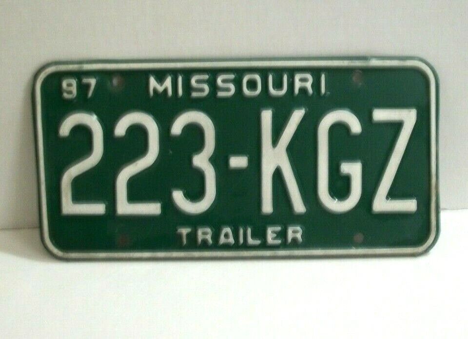 1997 White on Green Missouri Trailer License Plate 223-KGZ
