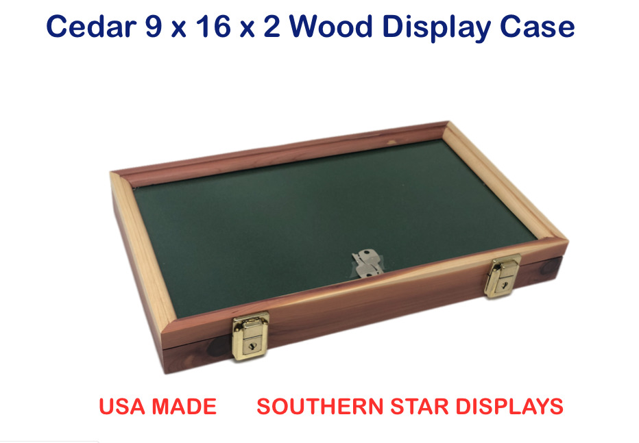 Cedar Wood Display Case 9 x 16 x 2  Glass Top for Arrowheads Knifes Coins & More