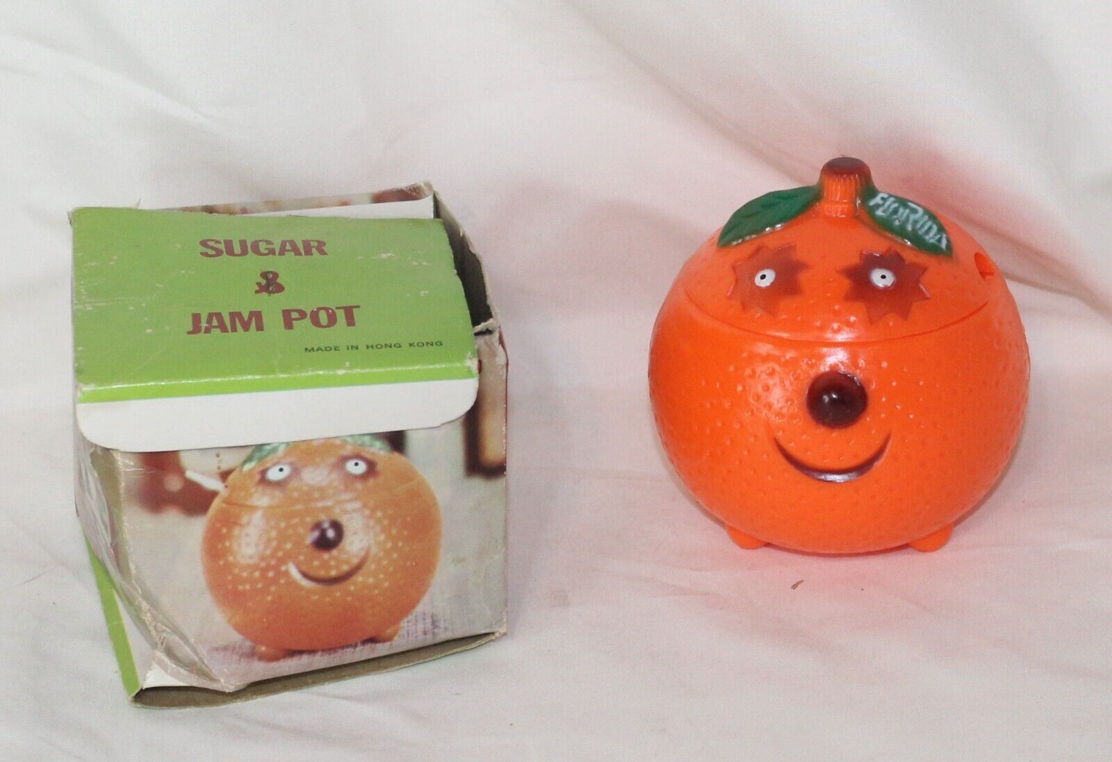 Vintage Florida Orange Sugar Bowl/ Jam Pot w/lid Plastic Face Souvenir w/Box