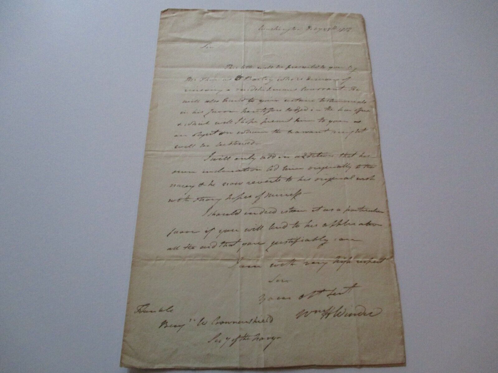 ANTIQUE LETTER SIGNED GENERAL WAR OF 1812 AMERICAN BRIGADIER GENERAL JOHN WINDER
