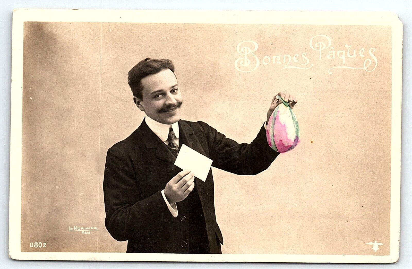 c1915 BONNES PAQUES HAPPY EASTER TINTED EGG FRENCH RPPC POSTCARD P2330
