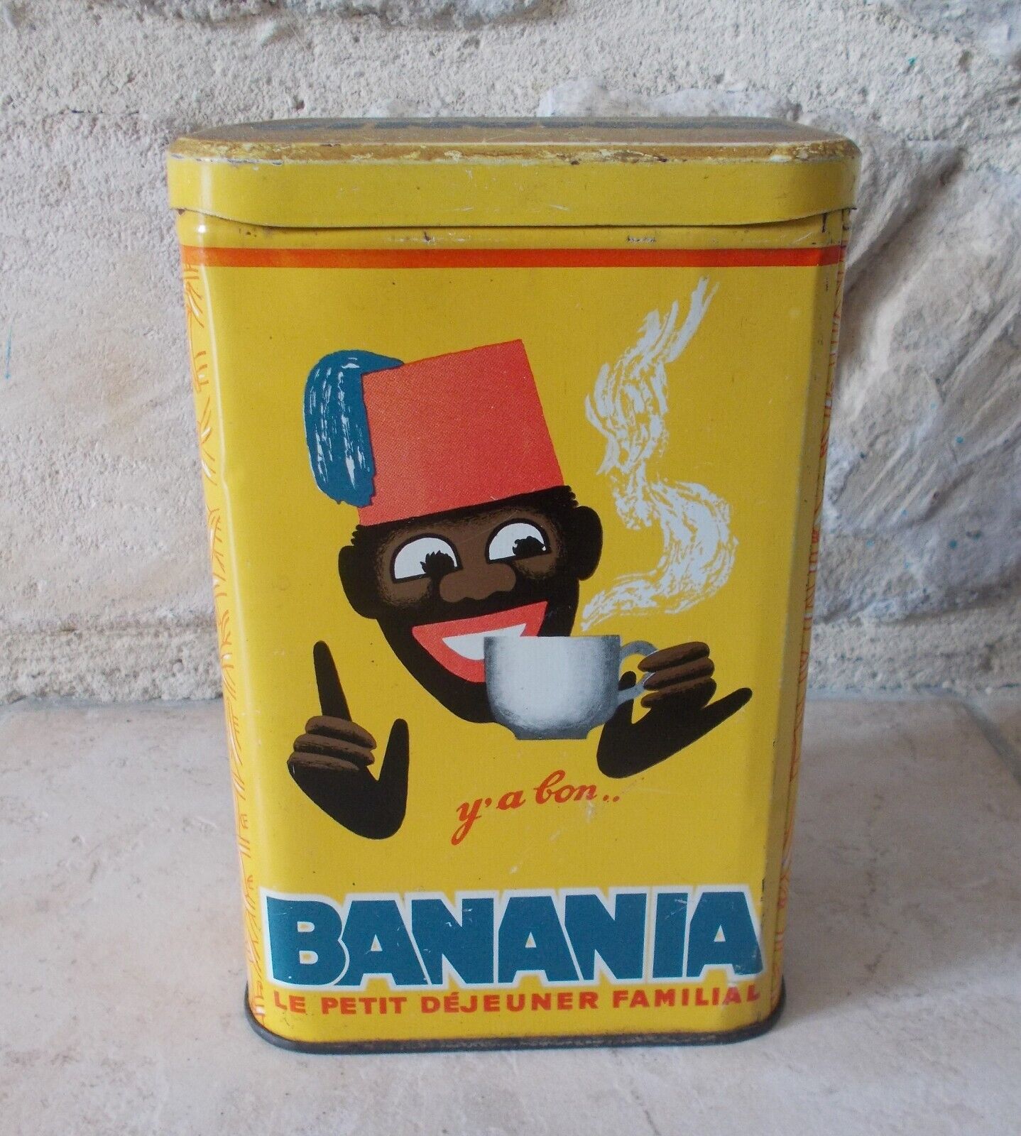 Antique cocoa tin box BANANIA chocolate french France vintage old vtg yellow