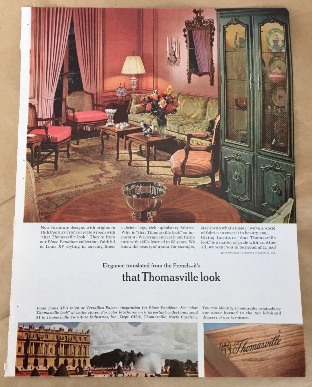 Thomasville 1966 vintage print ad 60s retro art home decor French Vendome look