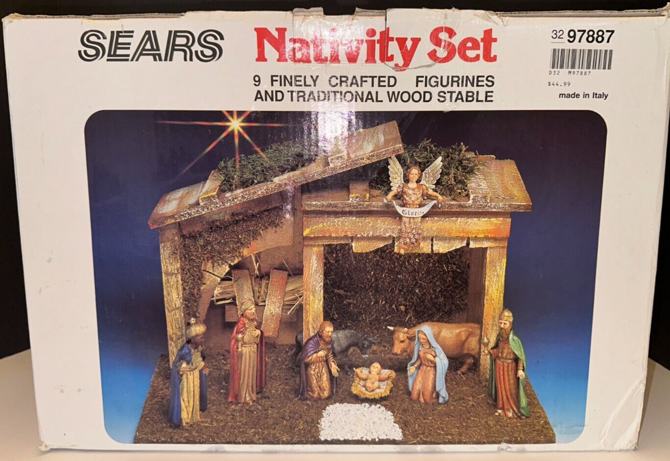Vintage Sears Nativity Set 9 Figures Wood Stable Made In Italy 97893 With Box