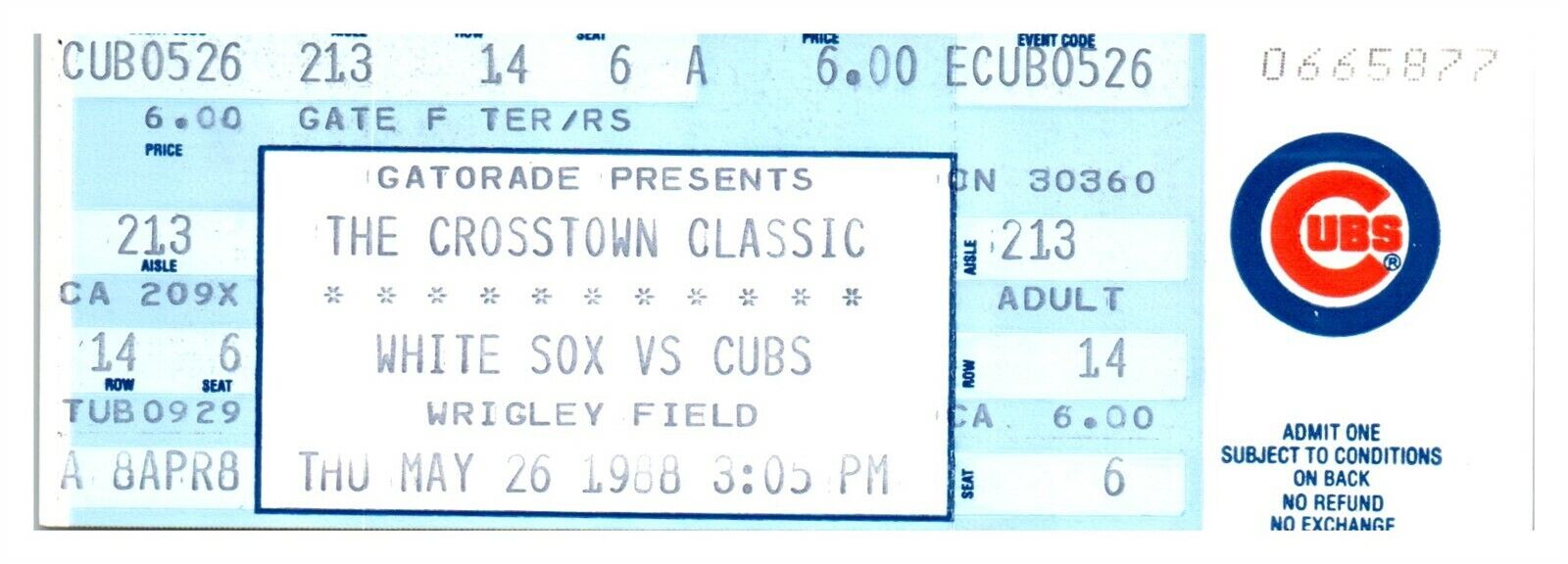 1988 Chicago Cubs vs. Chicago White Sox 5/26 Crosstown Classic Ticket *ST4A
