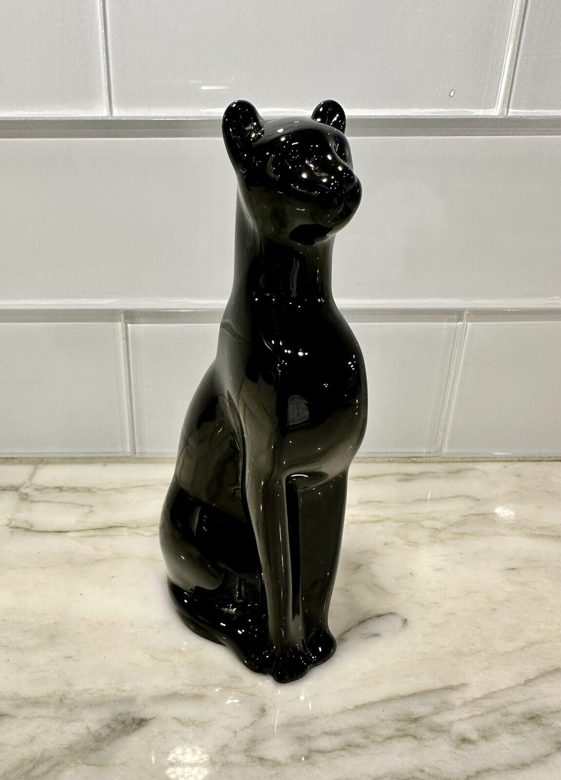 Stunning MCM Handcrafted Black Glass - Egyptian Cat or Panther  Statue 6” Heavy