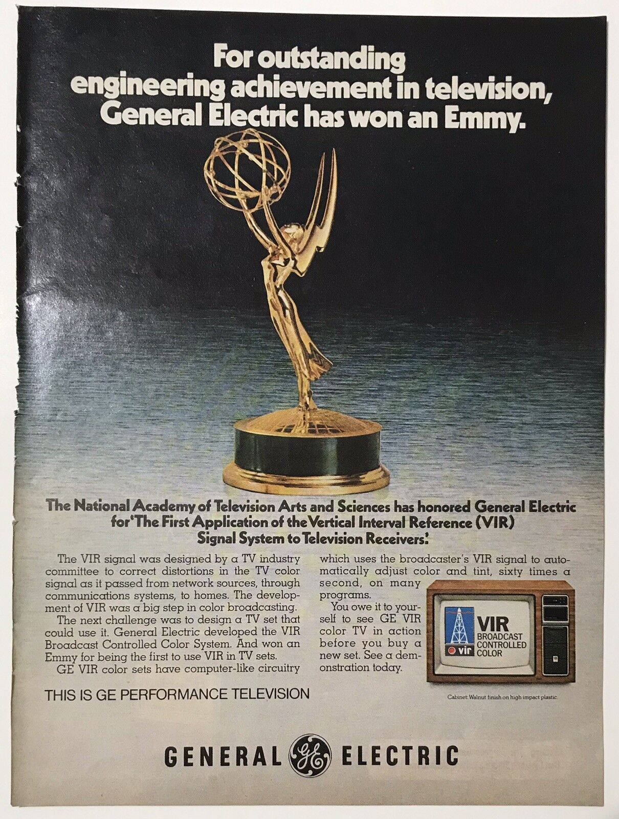 1978 GE General Electric Emmy VIR Technology Full Page Print Advertisement Ad