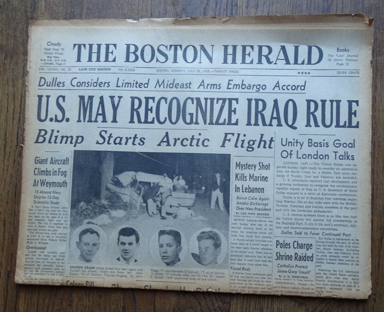 July 28, 1958 Boston Herald (torn at folds) Mickey Mantle, Iraq,Explorer IV,etc 