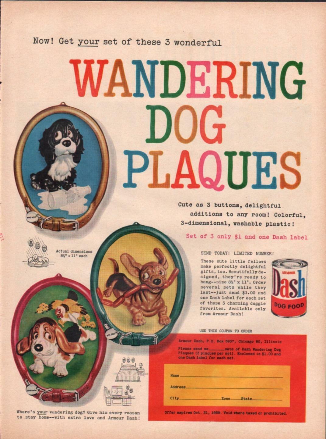 1959 Armour PRINT AD Dash Dog Food Featuring Wandering Dog Plaques Basset Doxie